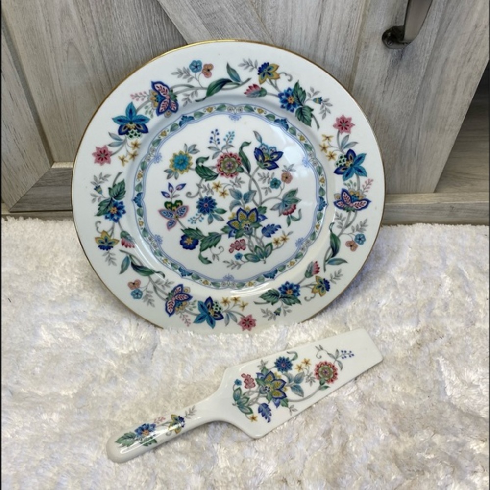 Andrea by Sadek Cake Plate & Server Set Multicolor Floral/Leaf Design W/GoldRim